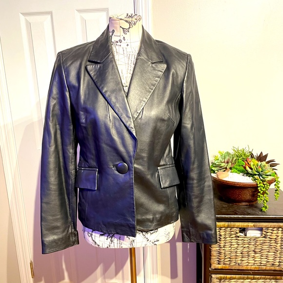 Vintage Soft Leather Blazer One button Collar Pockets Crop Moto work rave Fit - Picture 1 of 7